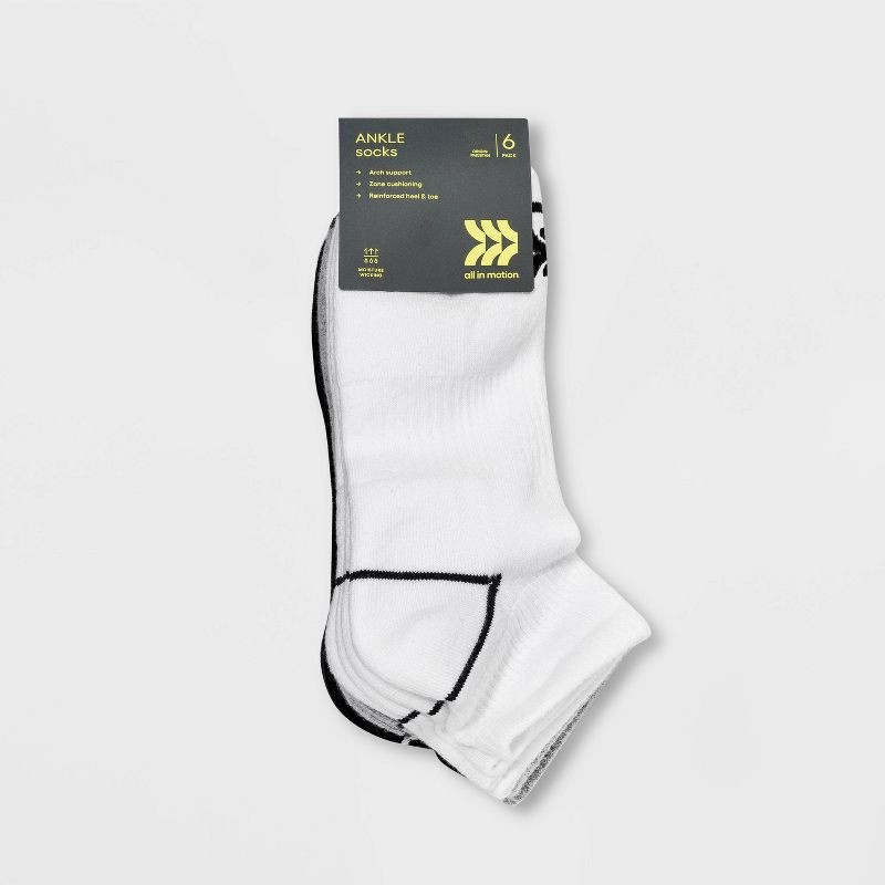 slide 2 of 3, Men's Assorted New Ankle Socks 6pk - All In Motion™ 6-12: Arch Support, Cushioned Heel, Midweight Fabric, 6 ct