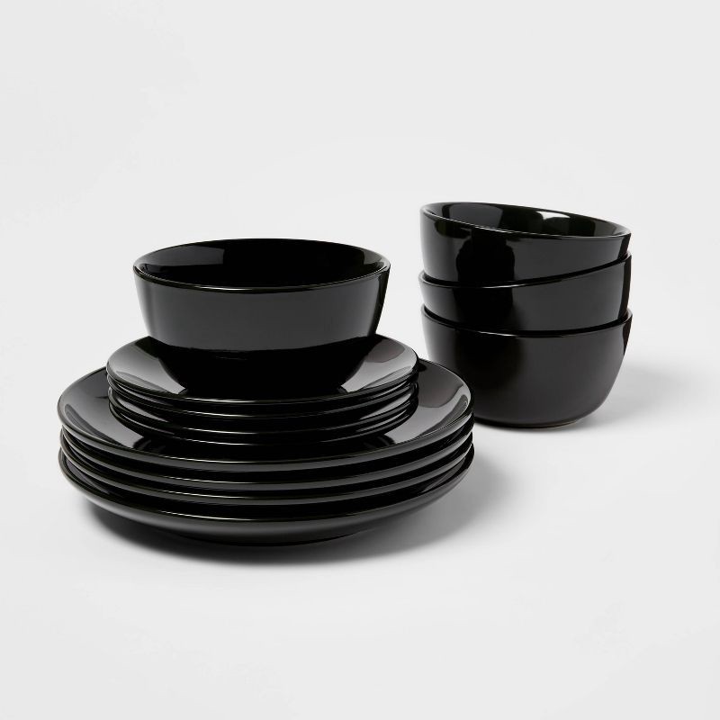 slide 1 of 5, 12pc Stoneware Avesta Dinnerware Set Black - Threshold™: Modern Solid Dish Set, Microwave & Dishwasher Safe, 12 ct