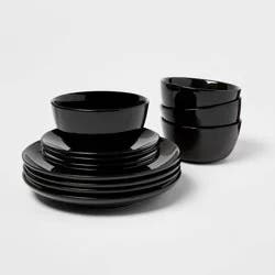 12pc Stoneware Avesta Dinnerware Set Black - Threshold™: Modern Solid Dish Set, Microwave & Dishwasher Safe