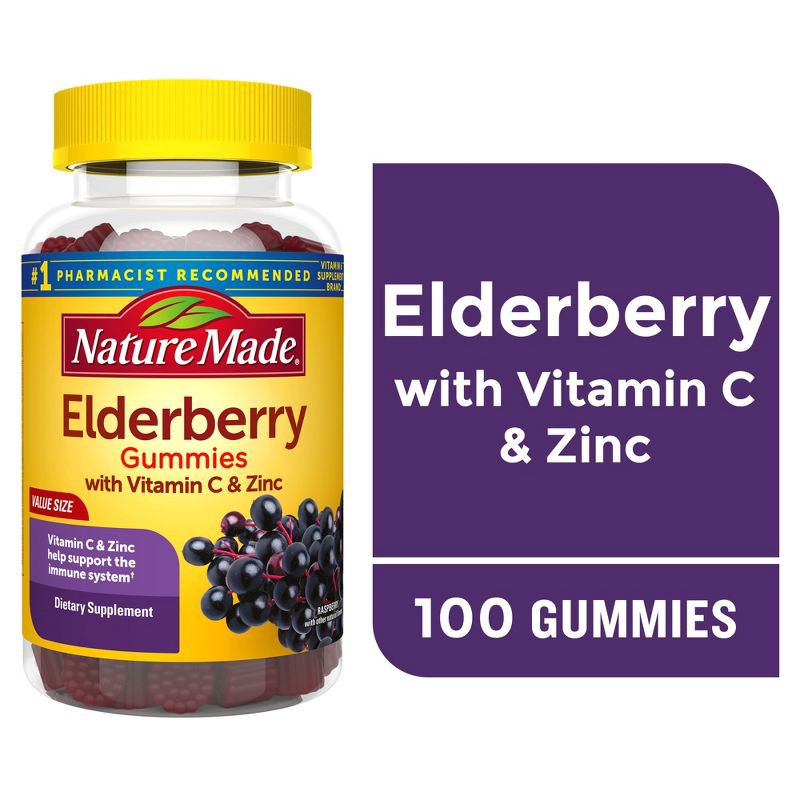 slide 7 of 7, Nature Made Elderberry with Vitamin C and Zinc for Immune Support Gummies - Raspberry - 100ct, 100 ct