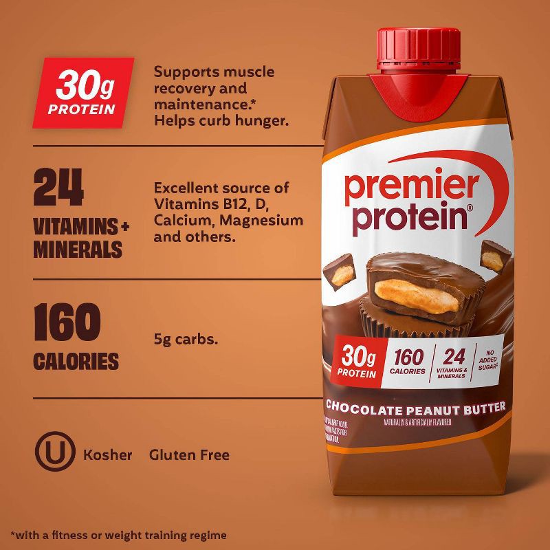 slide 6 of 8, Premier Protein Nutritional Shake Chocolate Peanut Butter Non-Caffeinated - 11 fl oz/4pk, 4 ct; 11 fl oz