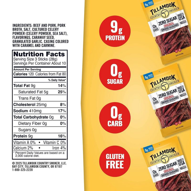 slide 3 of 5, Tillamook Country Smoker Zero Sugar Original Smoked Sausages in a Bag Meat Sticks - 10oz, 10 oz
