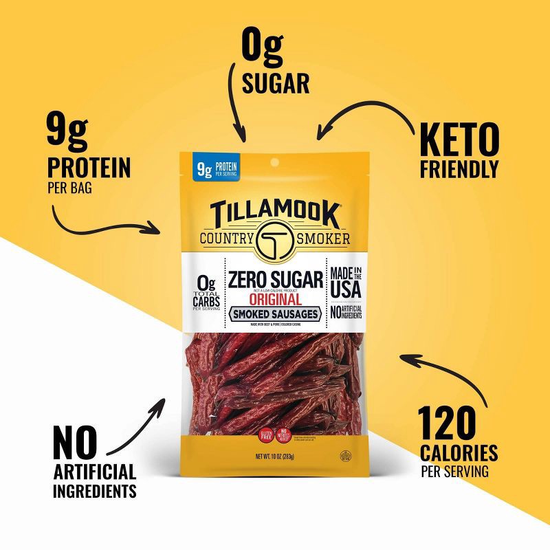 slide 5 of 5, Tillamook Country Smoker Zero Sugar Original Smoked Sausages in a Bag Meat Sticks - 10oz, 10 oz