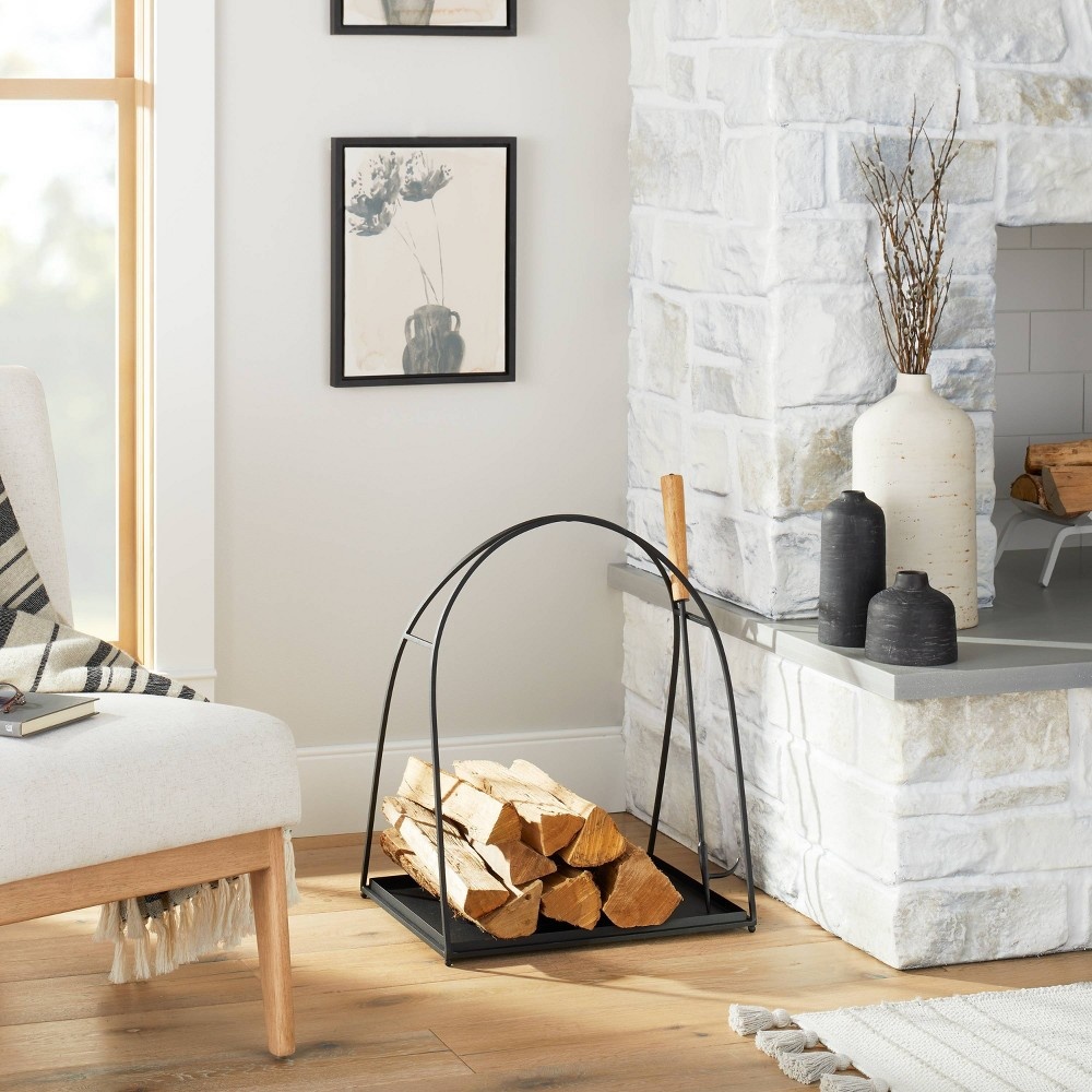 Metal Firewood Log Holder Textured Black - Hearth u0026 Hand with Magnolia 1 ct  | Shipt