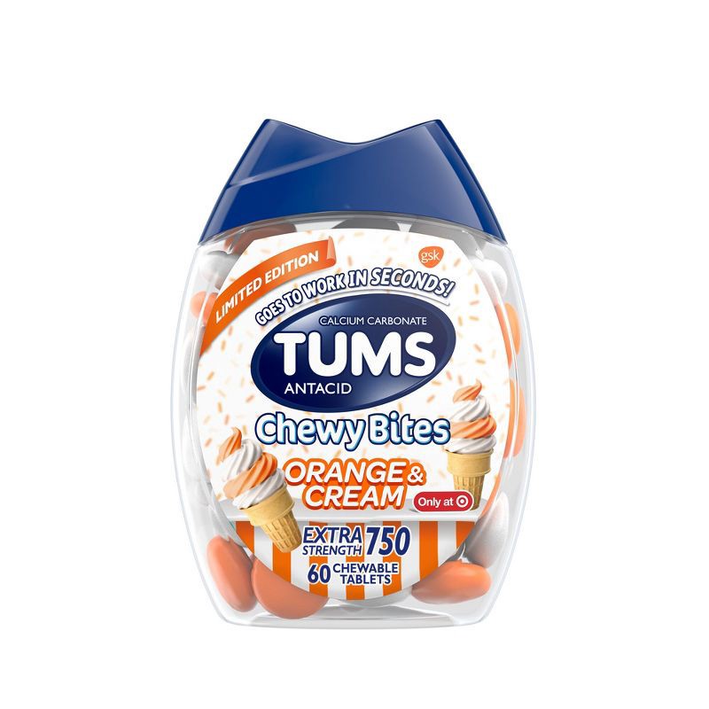 slide 1 of 1, Tums Chewy Bites Orange and Cream Extra Strength Chewable Antacid for Heartburn - 60ct, 60 ct