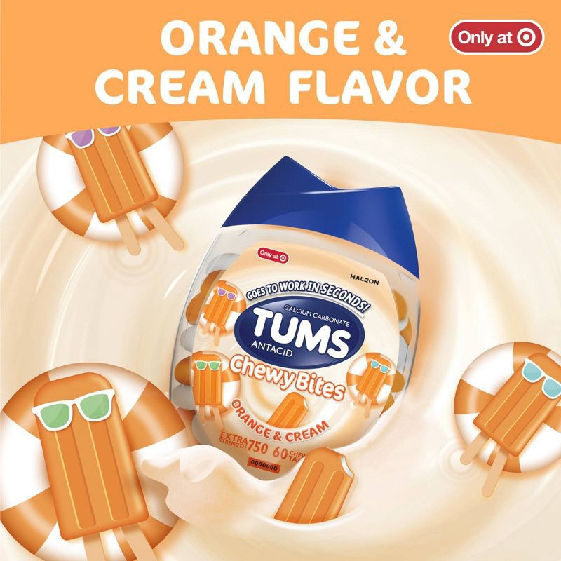 slide 3 of 9, Tums Chewy Bites Orange and Cream Extra Strength Chewable Antacid for Heartburn - 60ct, 60 ct