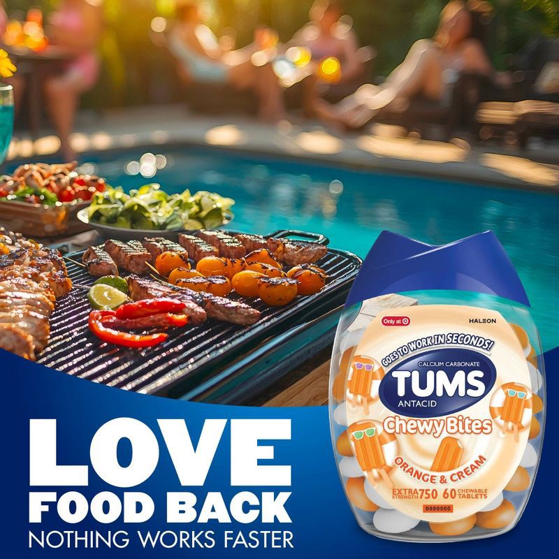 slide 5 of 9, Tums Chewy Bites Orange and Cream Extra Strength Chewable Antacid for Heartburn - 60ct, 60 ct