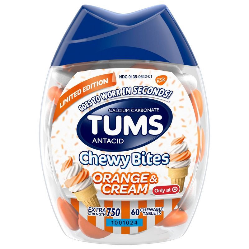 slide 7 of 9, Tums Chewy Bites Orange and Cream Extra Strength Chewable Antacid for Heartburn - 60ct, 60 ct