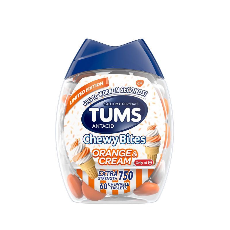 slide 1 of 9, Tums Chewy Bites Orange and Cream Extra Strength Chewable Antacid for Heartburn - 60ct, 60 ct