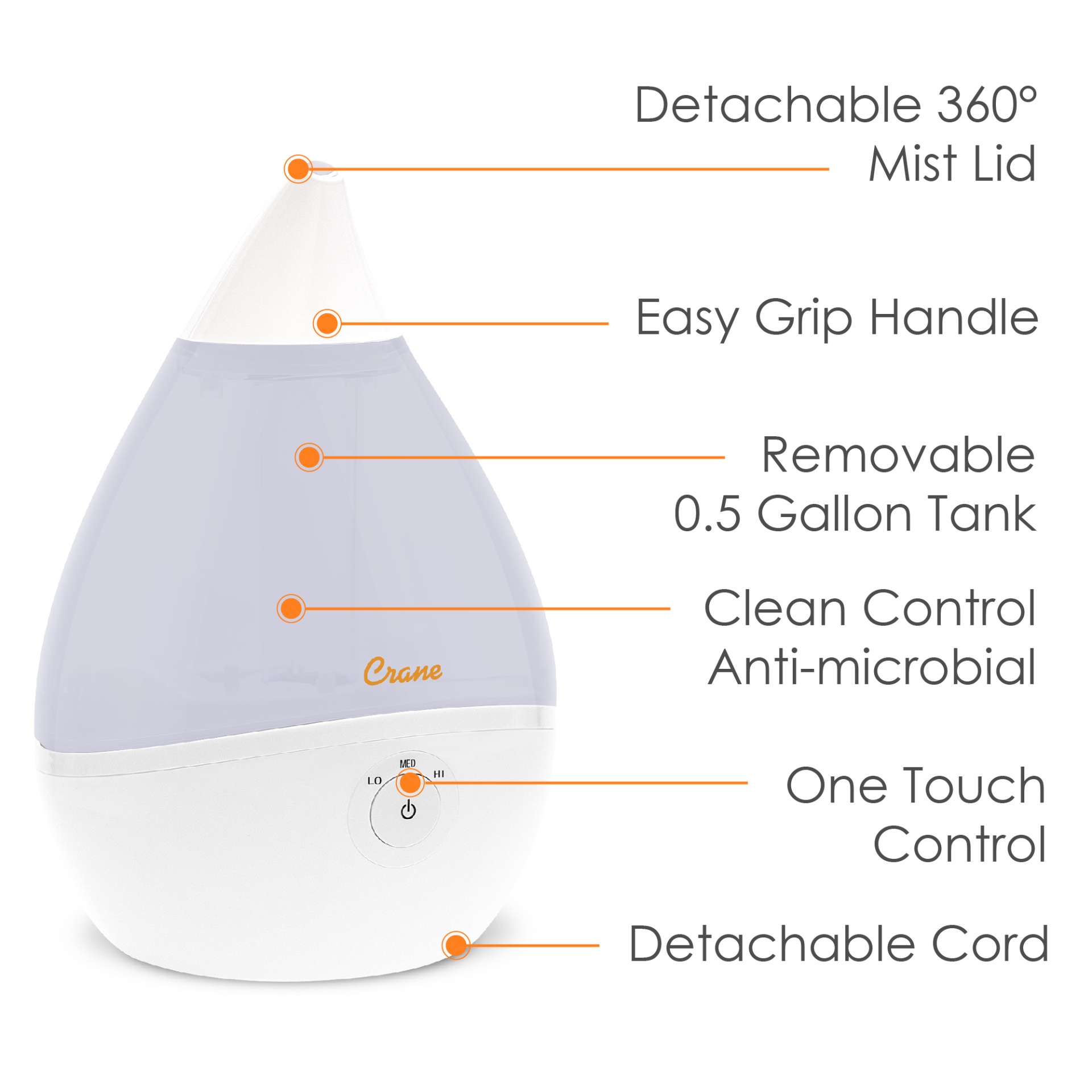 slide 2 of 5, Crane Ultrasonic Cool Mist Humidifier White, 1 ct