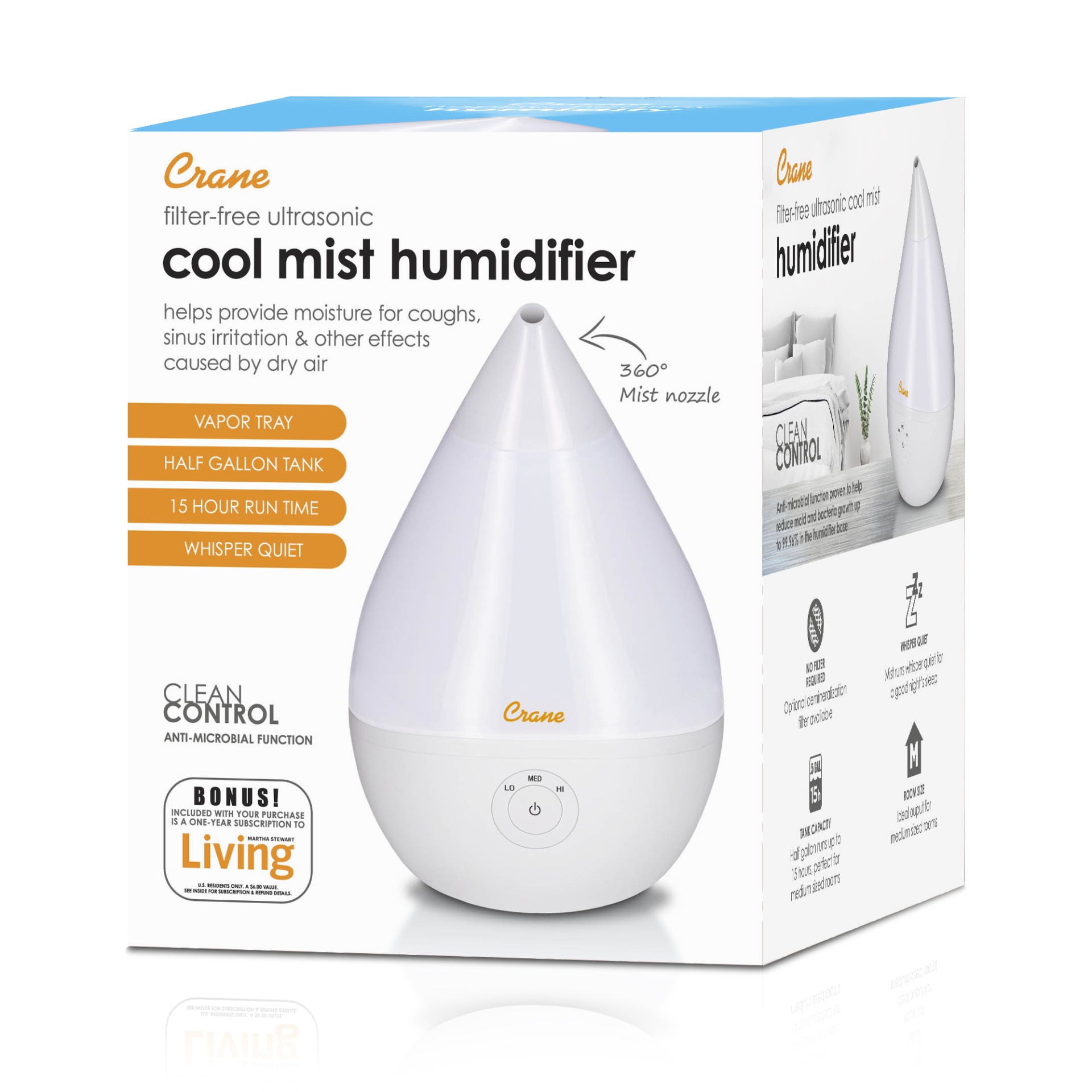 slide 5 of 5, Crane Ultrasonic Cool Mist Humidifier White, 1 ct