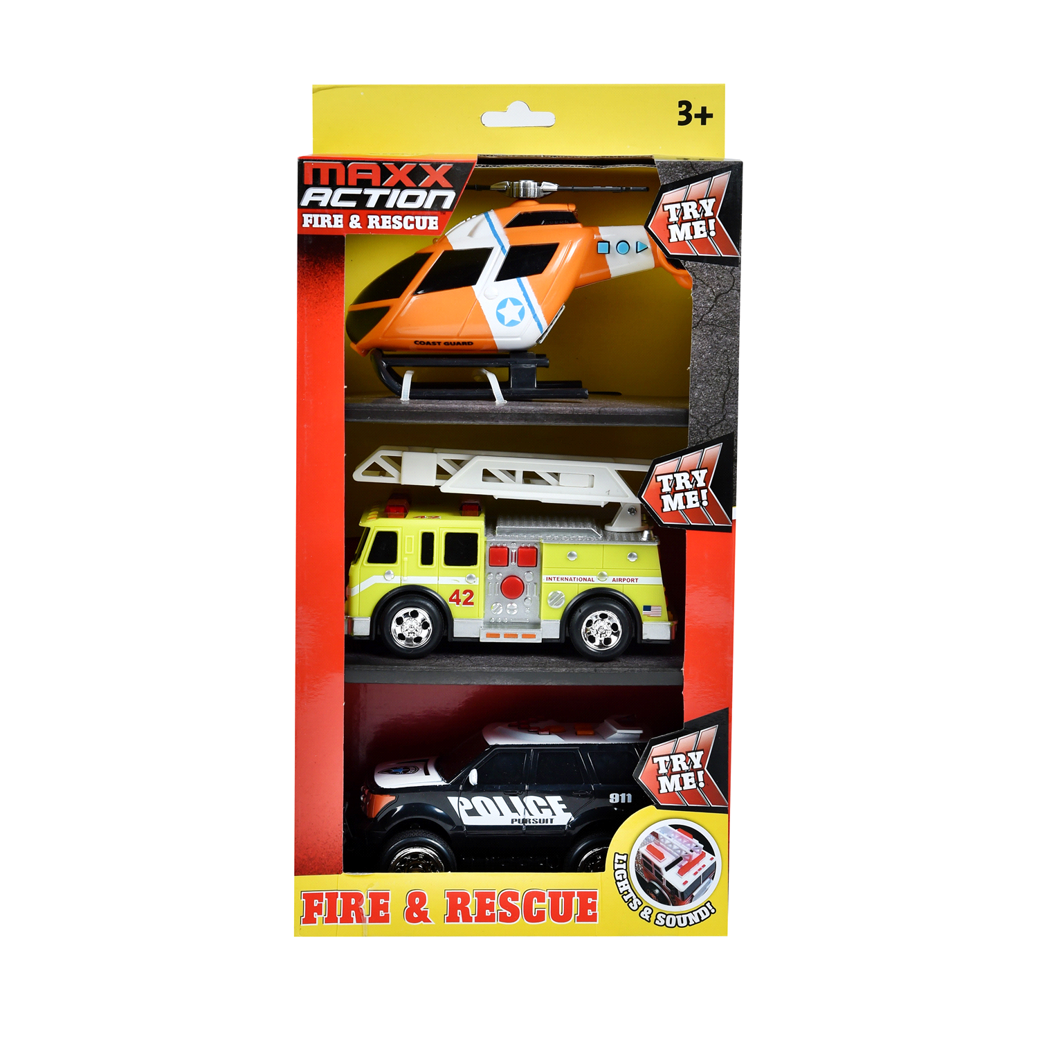 slide 1 of 2, Maxx Action Mini Rescue Lights & Sounds Vehicles - Firetruck, Police Car and Helicopter - 3pk, 3 ct