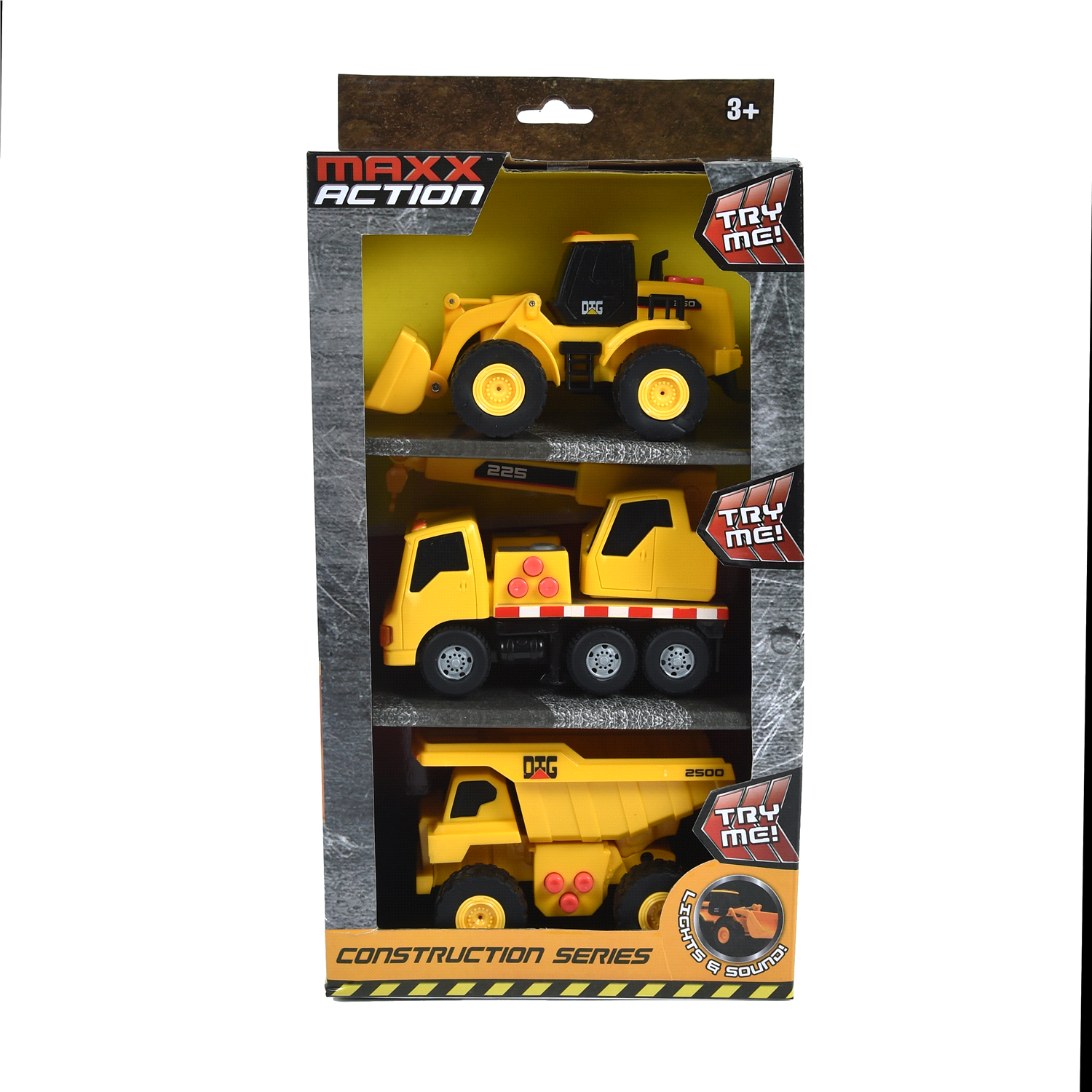 slide 1 of 5, Maxx Action Mini Construction Lights & Sounds Vehicles – Front End Loader, Excavator and Dump Truck - 3pk, 3 ct