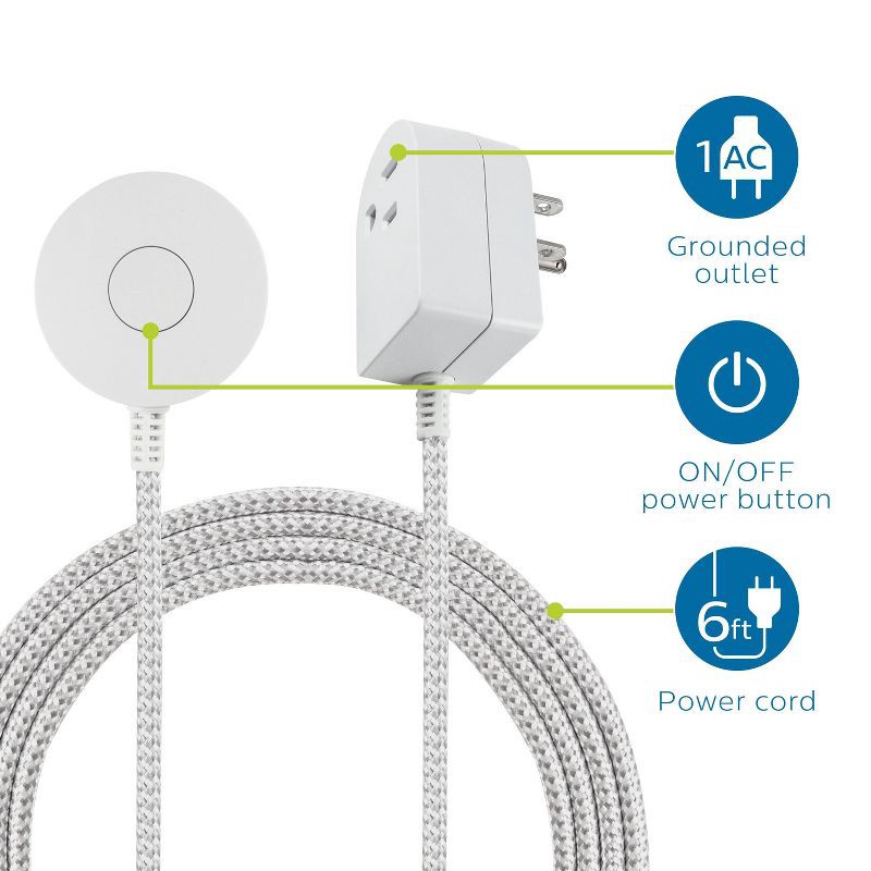slide 2 of 6, Cordinate 6' Grounded Power Switch Tether on/off Braided Cord White, 1 ct