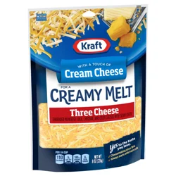 Kraft Three Cheese Shredded Cheese With A Touch Of Cream Cheese for A Creamy Melt, 8 oz Bag
