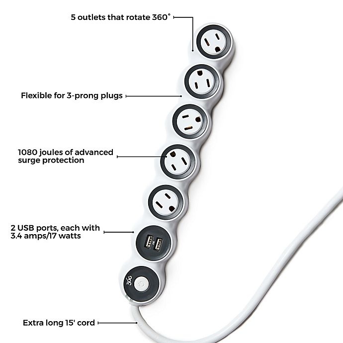 slide 2 of 3, 360 Electrical PowerCurve 3.4 Surge Protector with 5 Rotating Outlets and 2 USB Ports - White, 1 ct