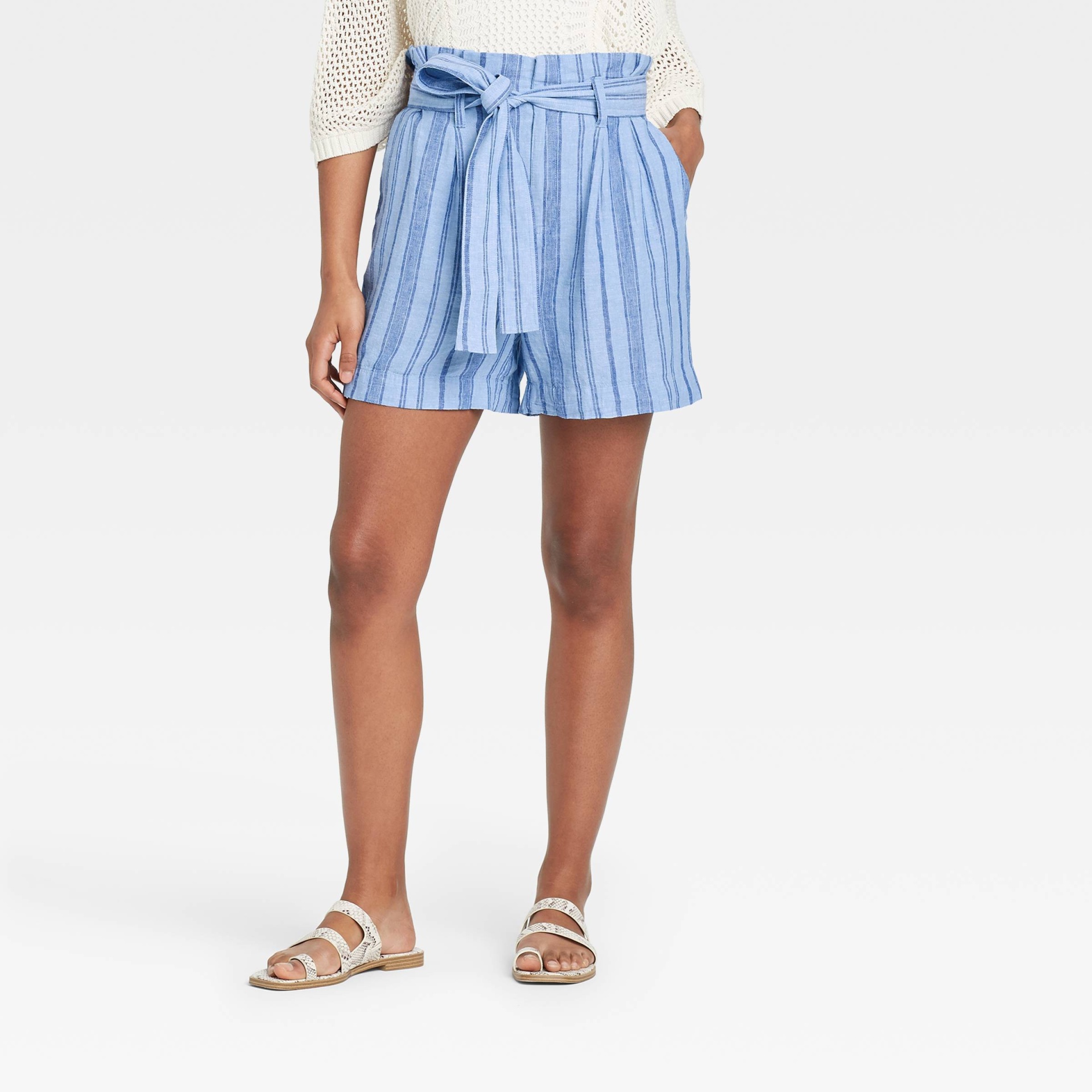 slide 1 of 3, Women's Striped High-Rise Paperbag Shorts - A New Day Light Blue XS, 1 ct