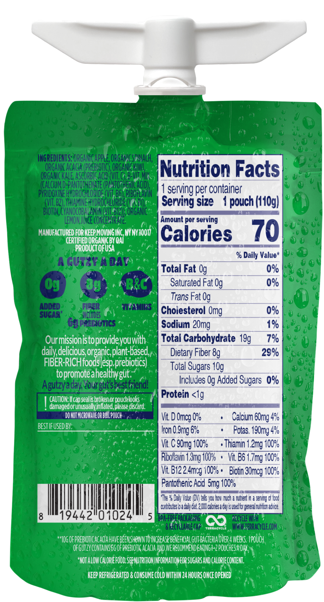 slide 2 of 2, Gutzy Organic Apple Spinach Kiwi Kale Prebiotic Gut Health Snack 3.9 oz, 3.9 oz