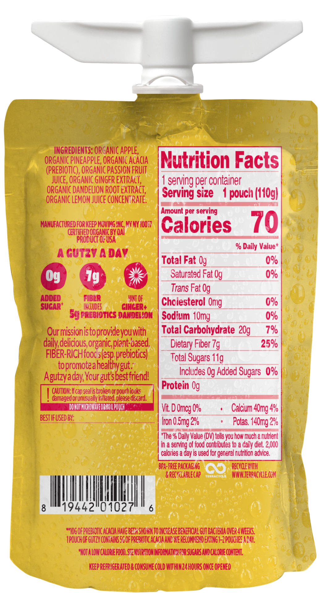 slide 2 of 2, Gutzy Organic Apple Pineapple Passion Fruit + Ginger Dandelion Prebiotic Gut Health Snack 3.9 oz, 3.9 oz