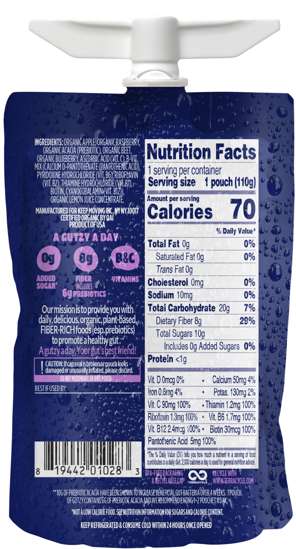 slide 2 of 2, Gutzy Organic Apple Raspberry Blueberry Beet Prebiotic Gut Health Snack 3.9 oz, 3.9 oz