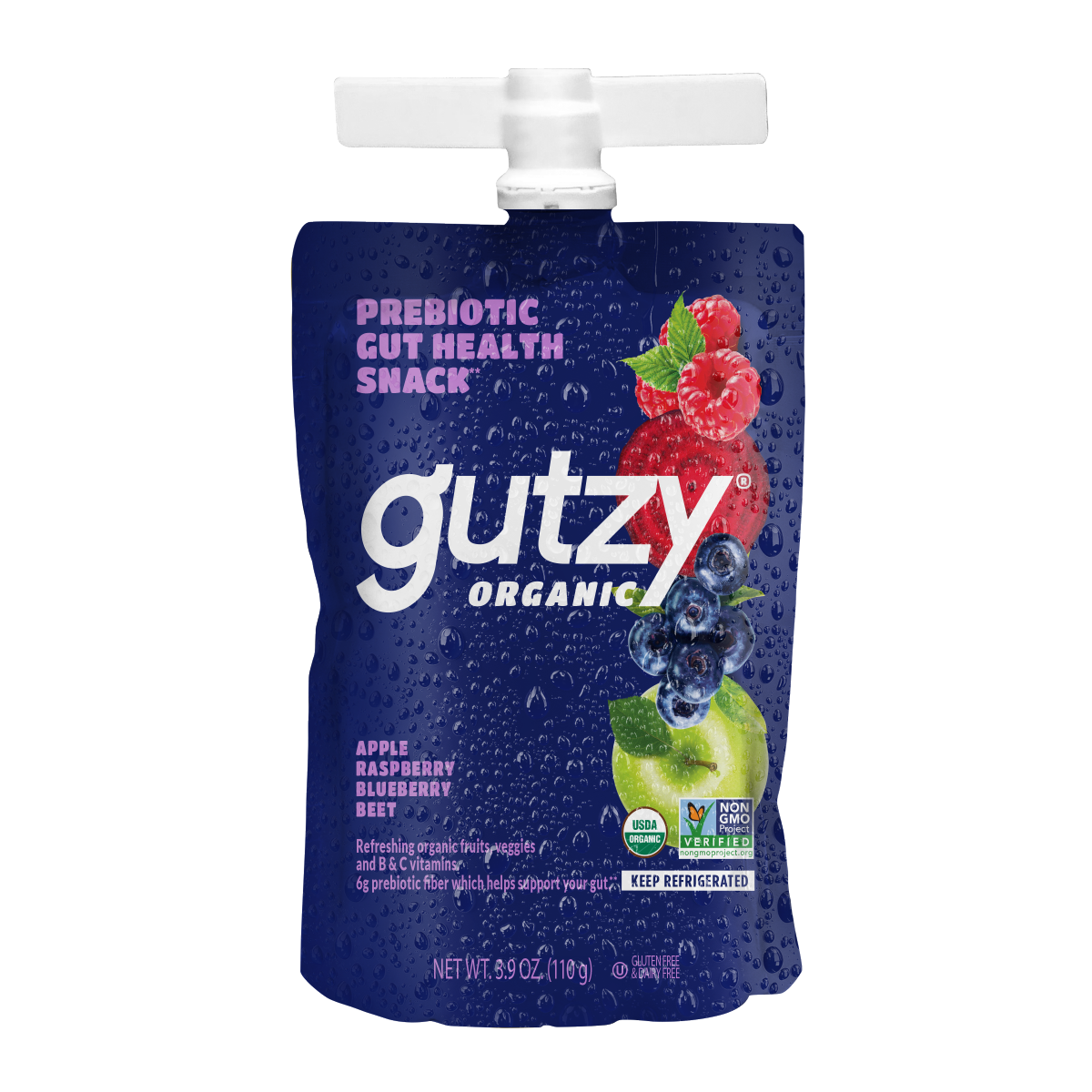 slide 1 of 5, Gutzy Organic Prebiotic Fiber Snack Apple, Raspberry, Blueberry and Beet, 3.9 oz, 3.9 oz