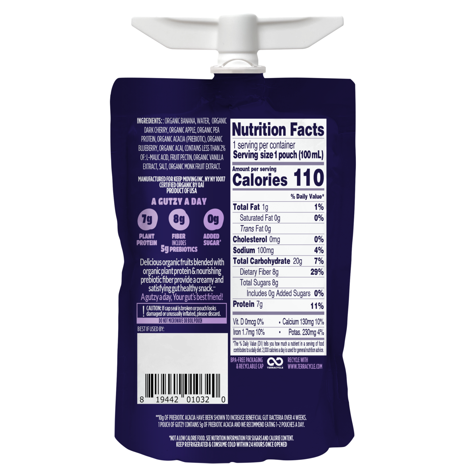 slide 2 of 2, Gutzy Organic Banana Dark Cherry Apple Blueberry Acai Prebiotic Plant Protein Smoothie 3.38 fl oz, 3.38 fl oz