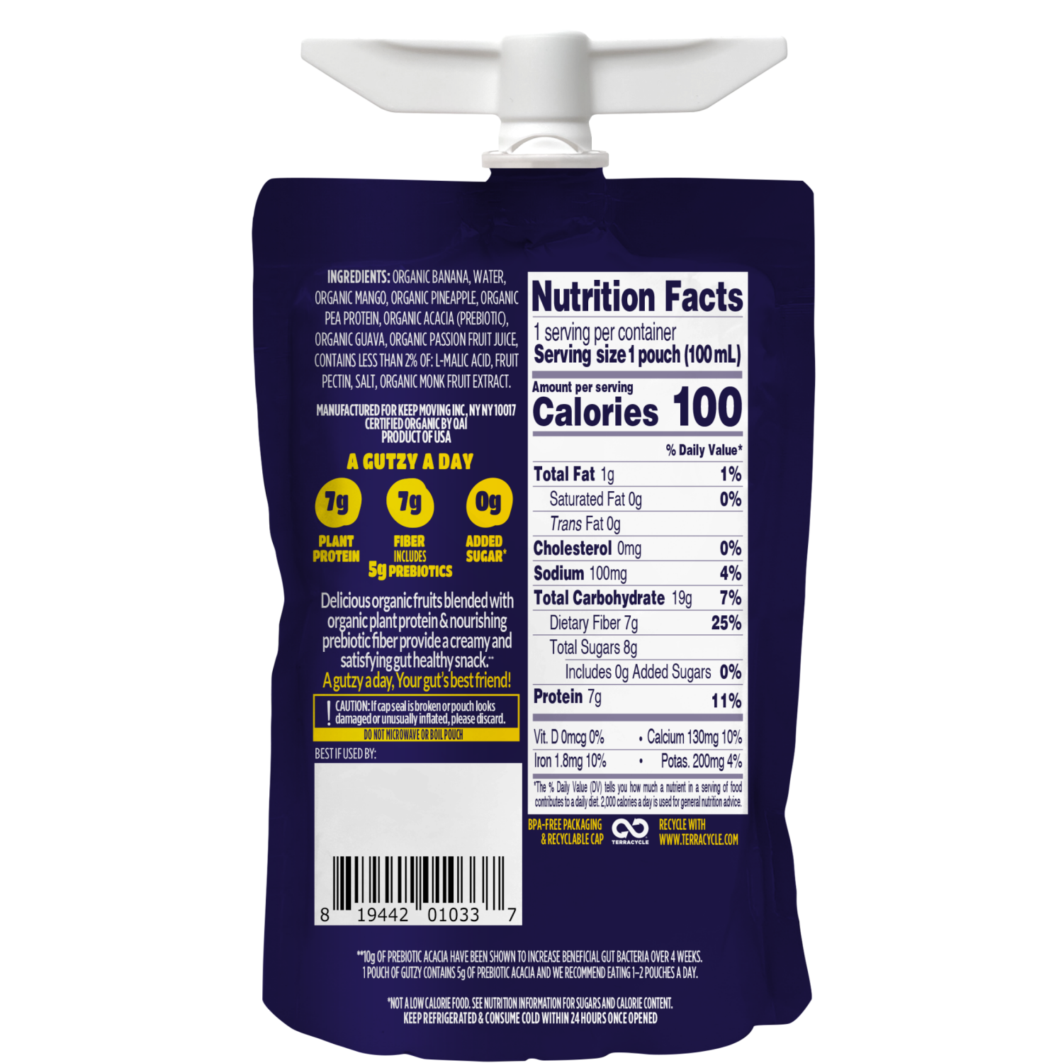 slide 2 of 2, Gutzy Organic Banana Mango Pineapple Guava Passion Fruit Prebiotic Plant Protein Smoothie 3.38 fl oz, 3.38 fl oz
