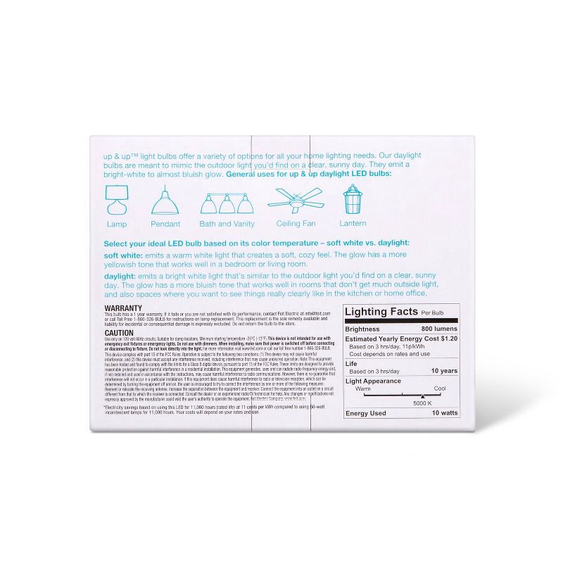 slide 2 of 3, LED 60W 3pk Daylight Light Bulbs - up&up™: E26 Base, 800 Lumens, 5000K, 10-Year Life, 60 Watt Equivalent, 3 ct