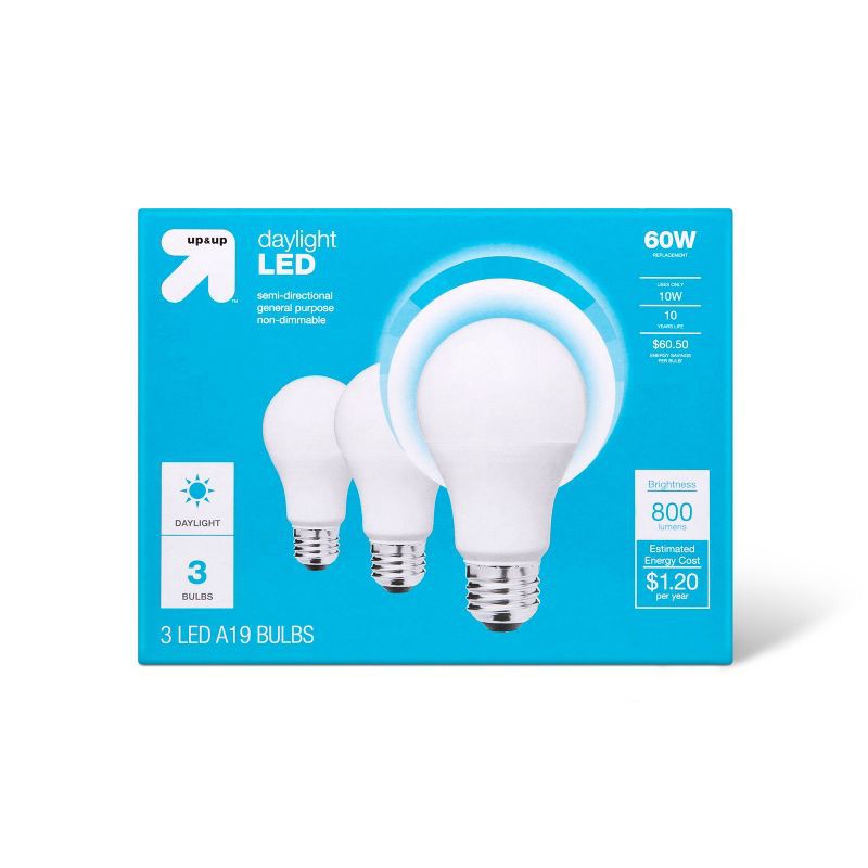 slide 1 of 3, LED 60W 3pk Daylight Light Bulbs - up&up™: E26 Base, 800 Lumens, 5000K, 10-Year Life, 60 Watt Equivalent, 3 ct