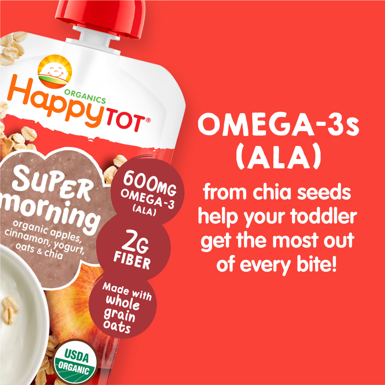 slide 4 of 8, Happy Tot Organics Super Morning Stage 4 Organic Apples, Cinnamon, Yogurt & Oats + Super Chia Pouch 4 Oz UNIT, 4 oz