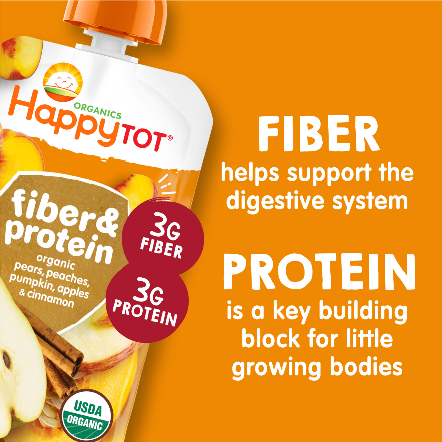slide 2 of 8, Happy Tot Organics Fiber & Protein Stage 4 Organic Pears, Peaches, Pumpkin & Apples Pouch 4 oz UNIT, 4 oz