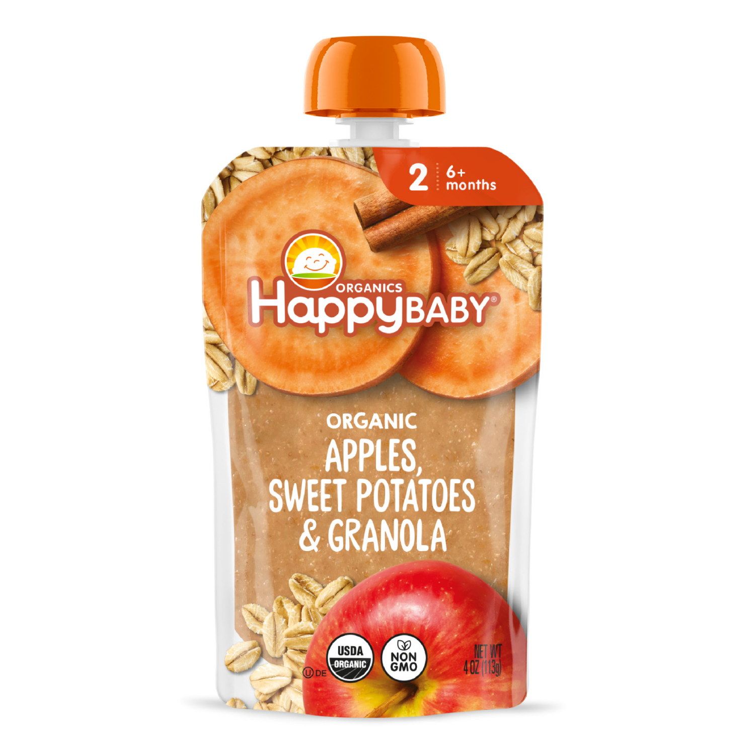 slide 4 of 8, Happy Baby Organics Clearly Crafted Stage 2 Meals Apples, Sweet Potatoes & Granola Pouch 4oz UNIT, 4 oz