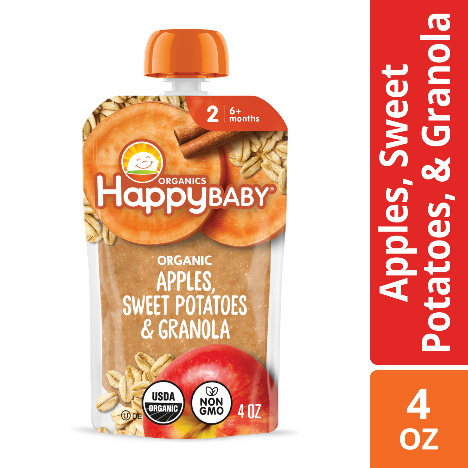 slide 5 of 8, Happy Baby Organics Clearly Crafted Stage 2 Meals Apples, Sweet Potatoes & Granola Pouch 4oz UNIT, 4 oz