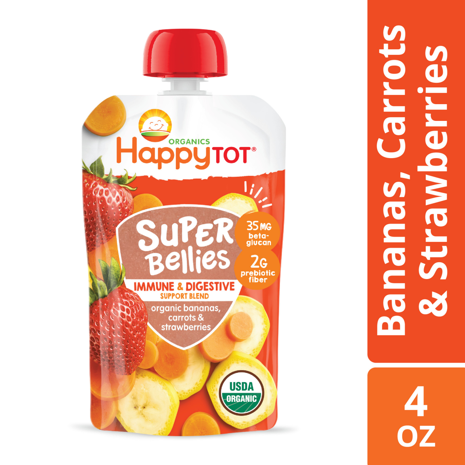 slide 4 of 8, Happy Tot Organics Super Bellies Stage 4 Immune + Digestive Support Blend Organic Bananas, Carrots & Strawberries Pouch 4 oz UNIT, 4 oz