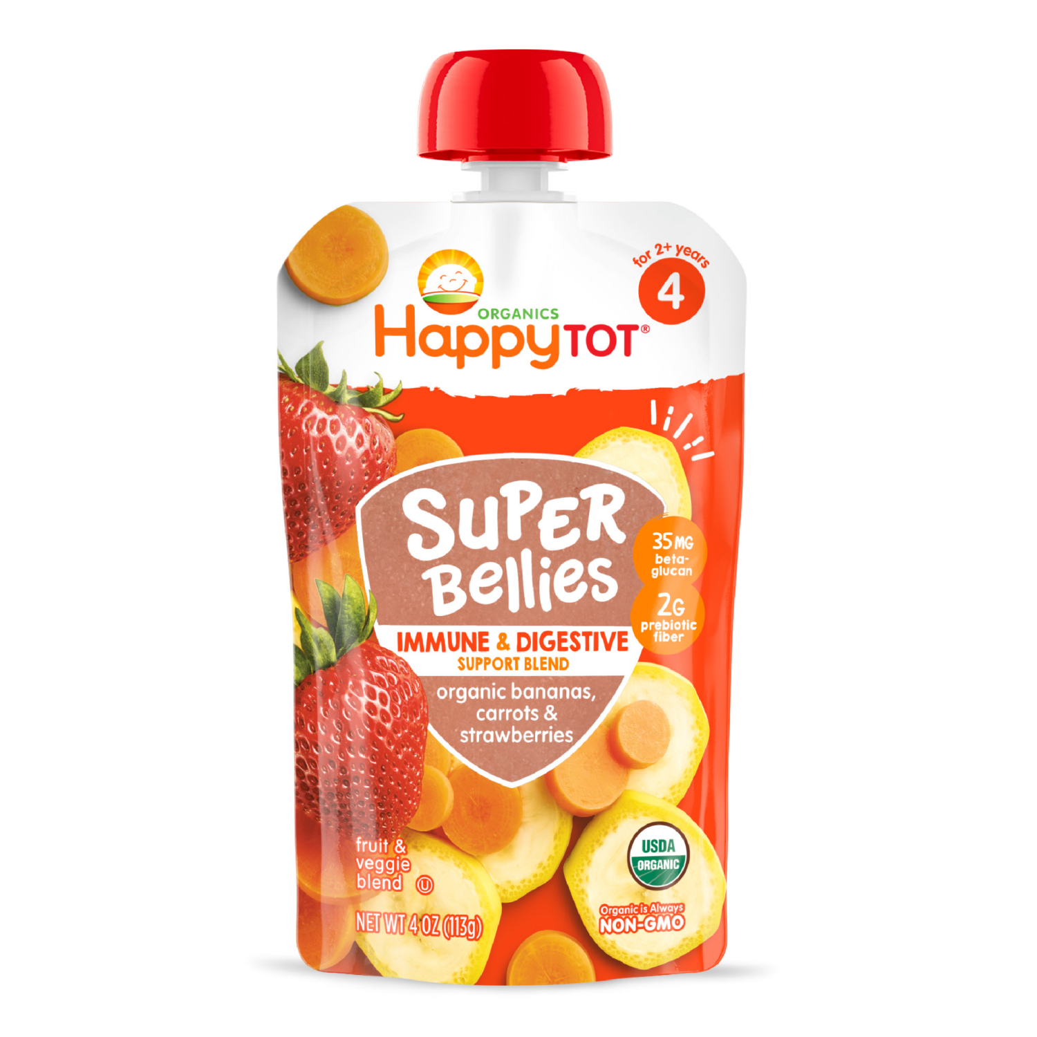 slide 2 of 8, Happy Tot Organics Super Bellies Stage 4 Immune + Digestive Support Blend Organic Bananas, Carrots & Strawberries Pouch 4 oz UNIT, 4 oz