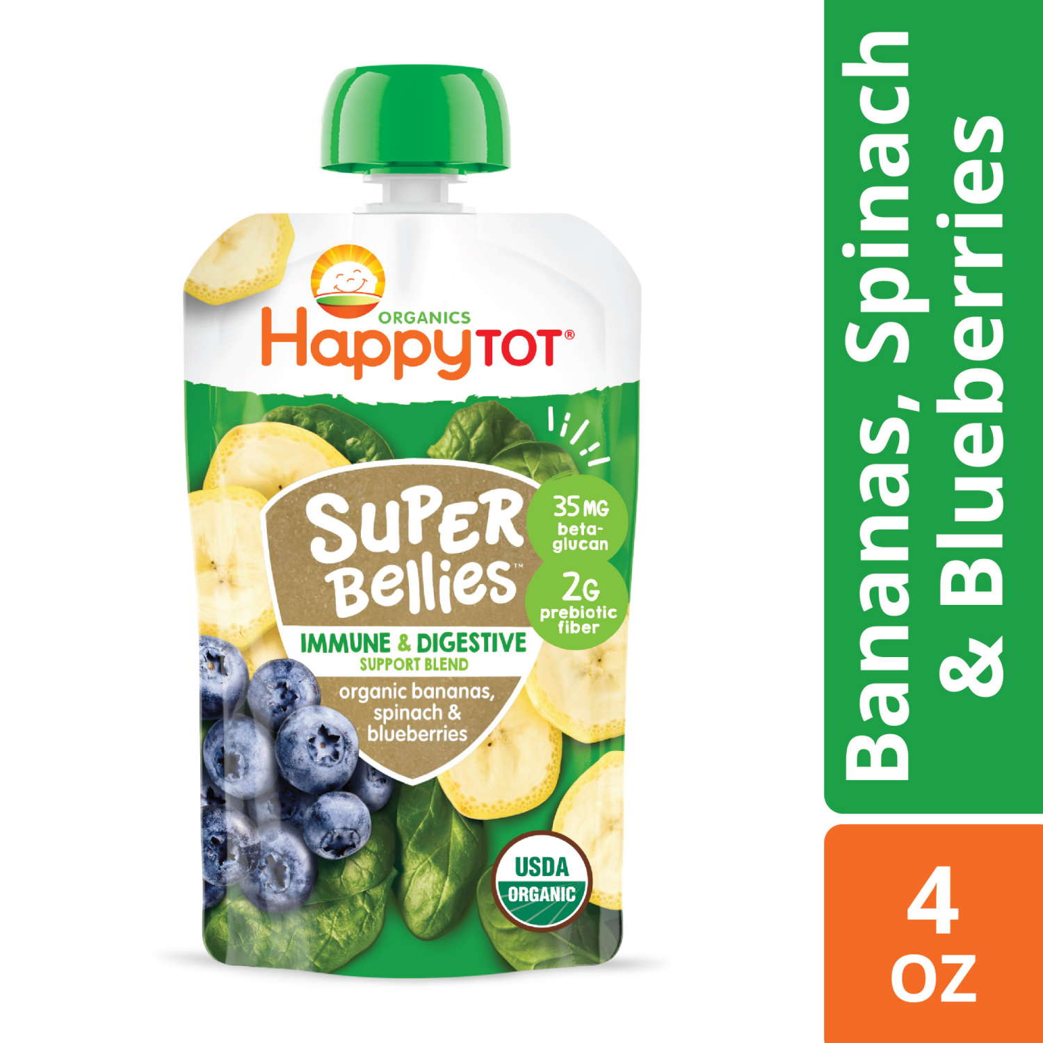 slide 4 of 8, Happy Tot Organics Super Bellies Stage 4 Immune + Digestive Support Blend Organic Bananas, Spinach & Blueberries Pouch 4 oz UNIT, 4 oz
