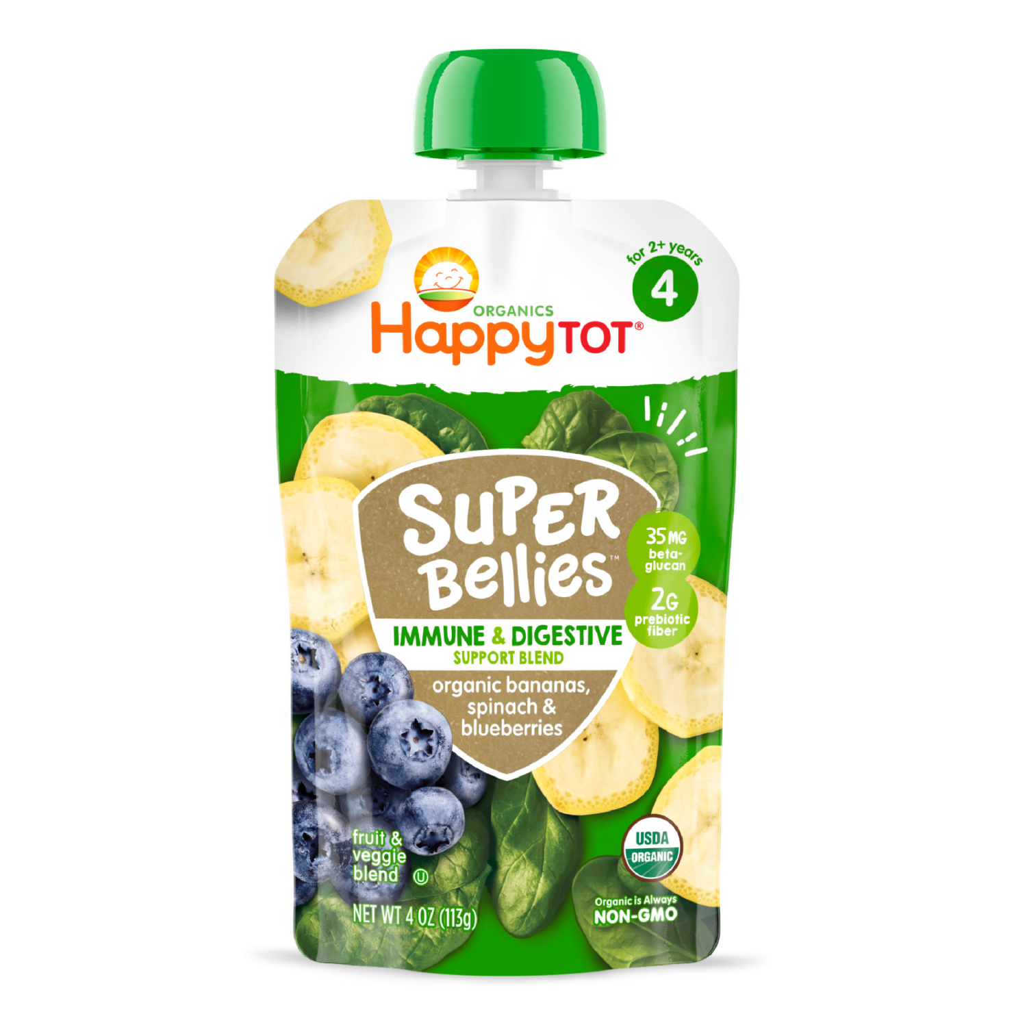 slide 2 of 8, Happy Tot Organics Super Bellies Stage 4 Immune + Digestive Support Blend Organic Bananas, Spinach & Blueberries Pouch 4 oz UNIT, 4 oz