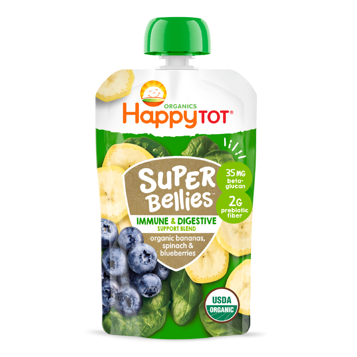 slide 1 of 8, Happy Tot Organics Super Bellies Stage 4 Immune + Digestive Support Blend Organic Bananas, Spinach & Blueberries Pouch 4 oz UNIT, 4 oz