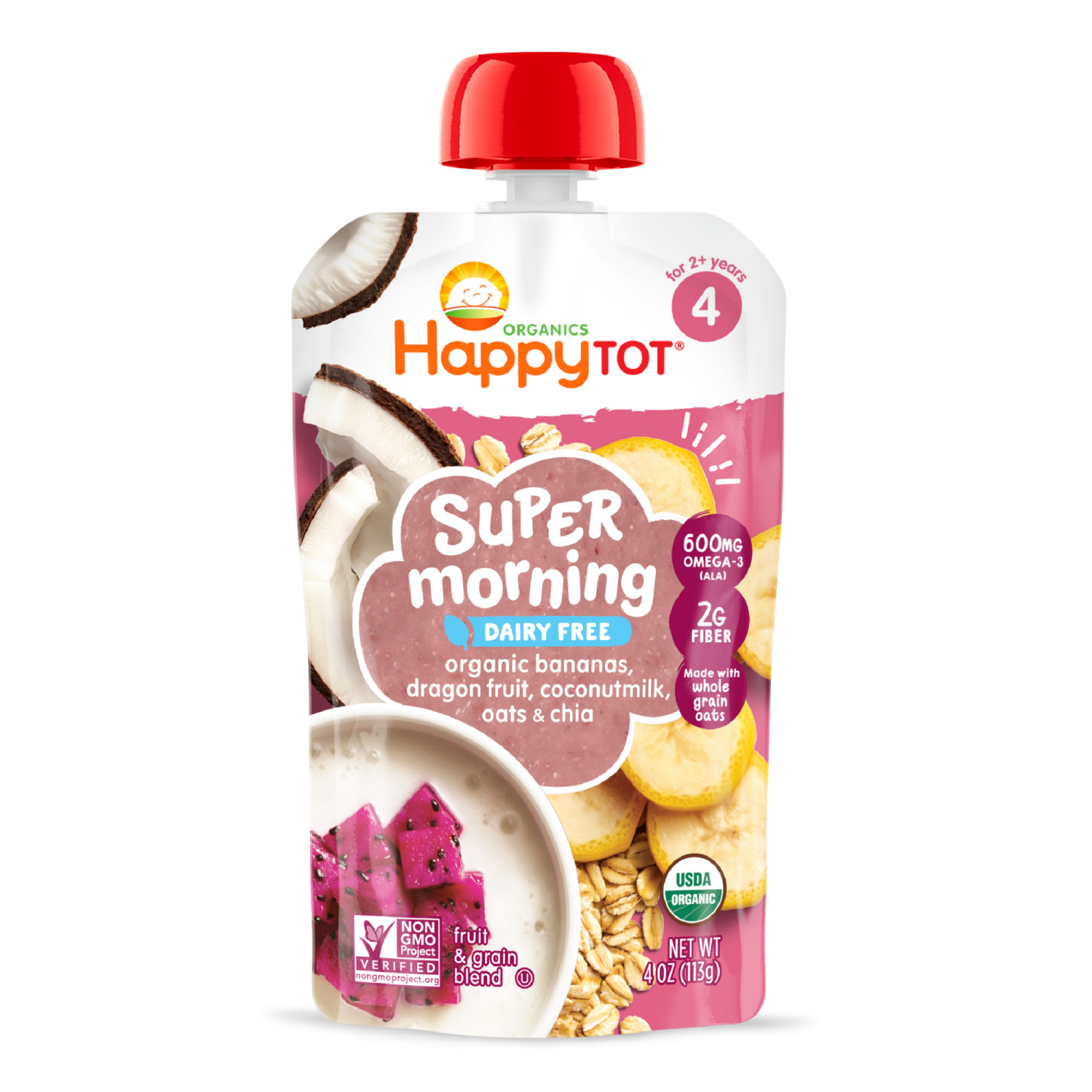 slide 2 of 8, Happy Tot Organics Super Morning Stage 4 Dairy Free Organic Bananas, Dragon Fruit, Coconut Milk, Millet & Vanilla + Super Chia Pouch 4 oz UNIT, 4 oz