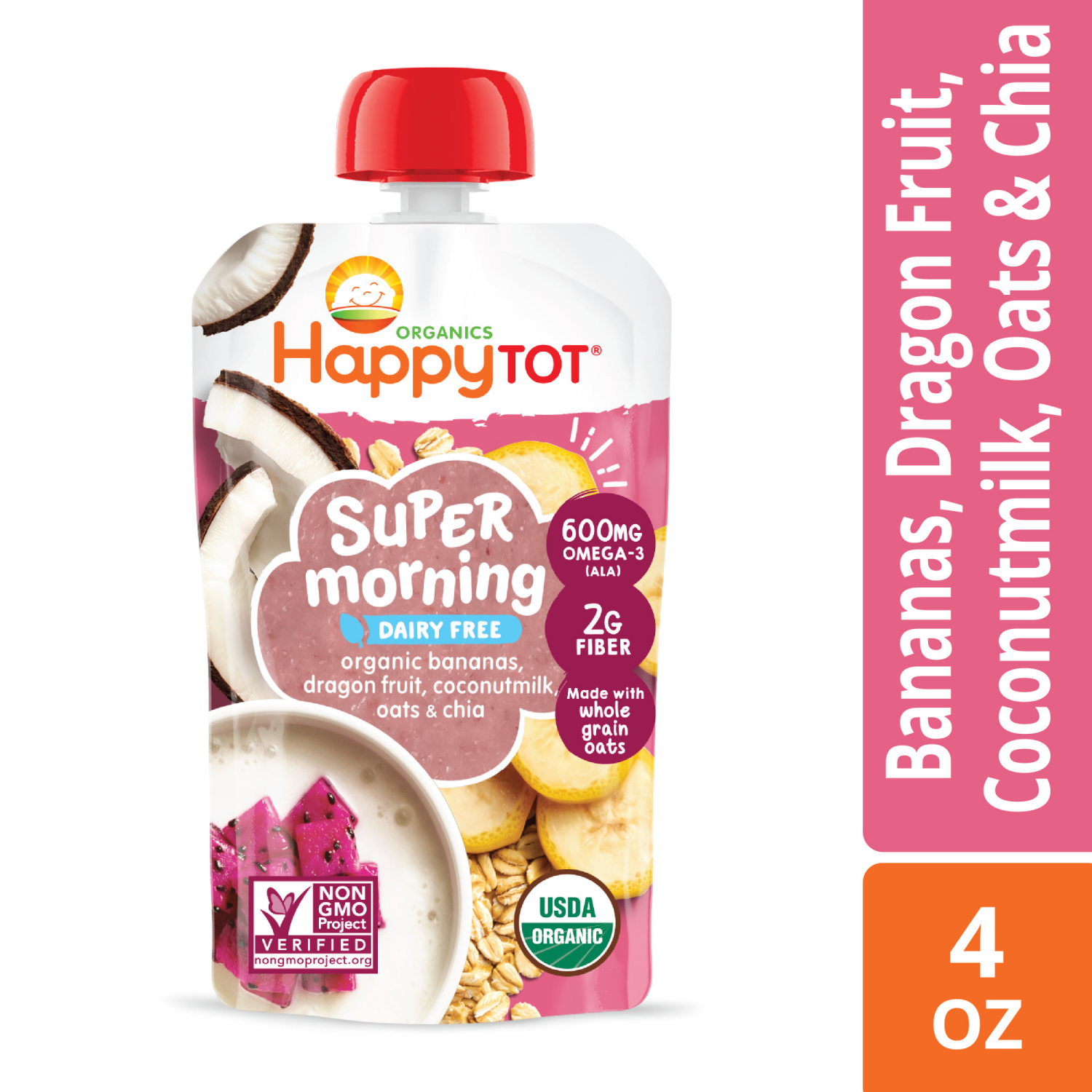 slide 4 of 8, Happy Tot Organics Super Morning Stage 4 Dairy Free Organic Bananas, Dragon Fruit, Coconut Milk, Millet & Vanilla + Super Chia Pouch 4 oz UNIT, 4 oz