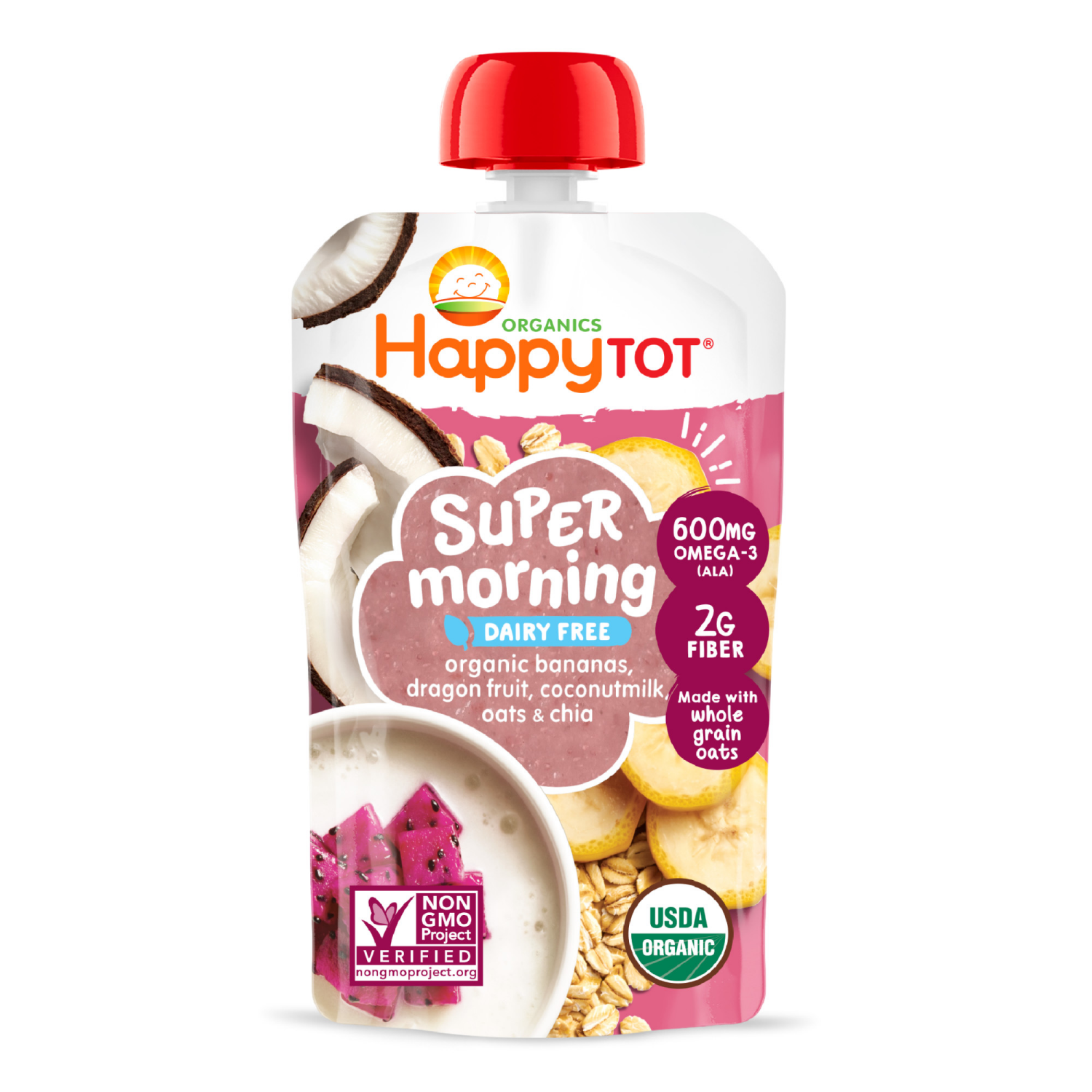 slide 1 of 8, Happy Tot Organics Super Morning Stage 4 Dairy Free Organic Bananas, Dragon Fruit, Coconut Milk, Millet & Vanilla + Super Chia Pouch 4 oz UNIT, 4 oz