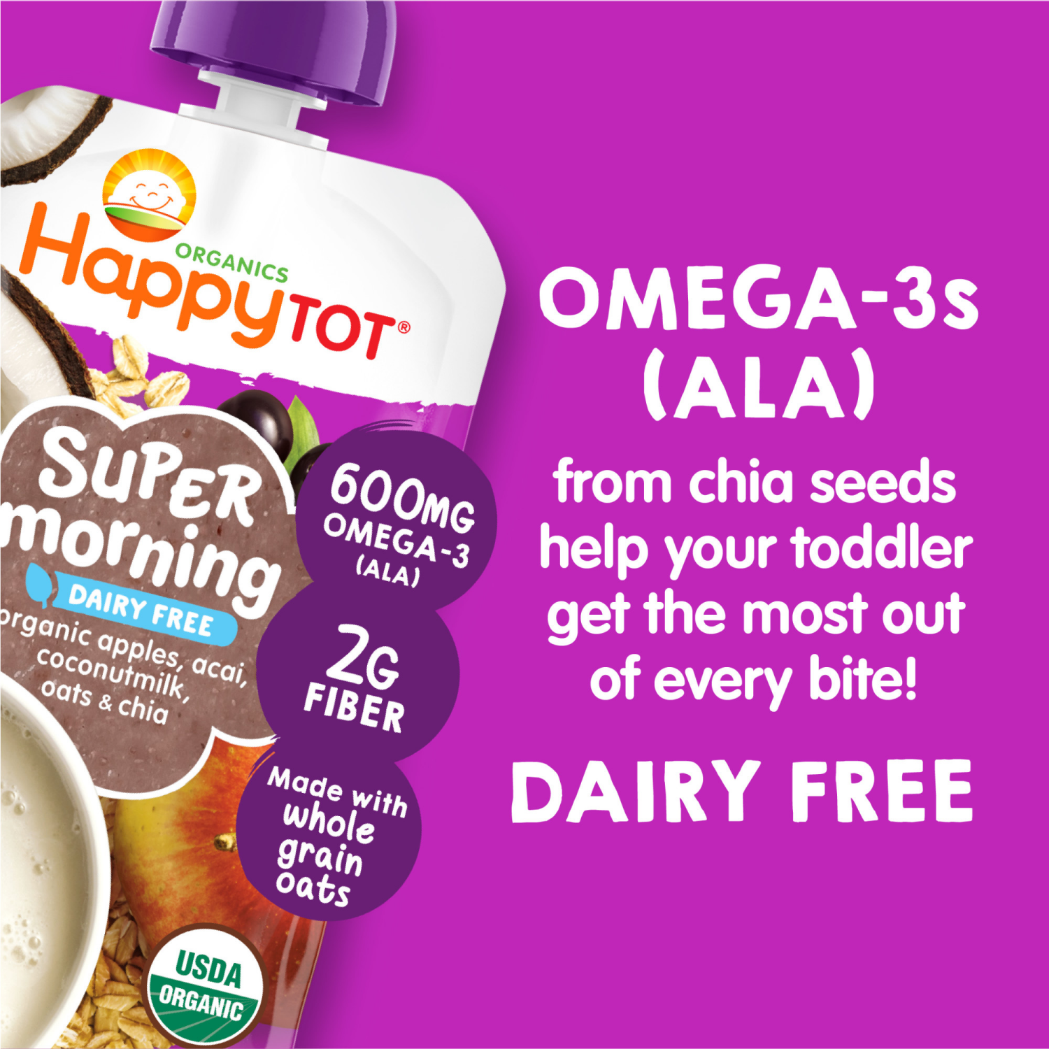 slide 4 of 8, Happy Tot Organics Super Morning Stage 4 Dairy Free Organic Apples, Acai, Coconut Milk, Millet & Cinnamon + Super Chia Pouch 4 oz UNIT, 3 oz