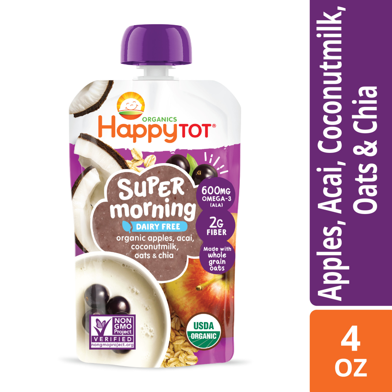 slide 2 of 8, Happy Tot Organics Super Morning Stage 4 Dairy Free Organic Apples, Acai, Coconut Milk, Millet & Cinnamon + Super Chia Pouch 4 oz UNIT, 3 oz