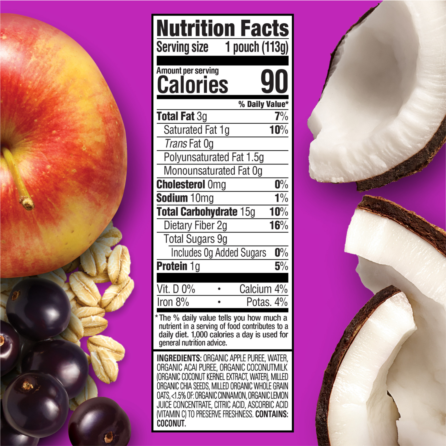 slide 7 of 8, Happy Tot Organics Super Morning Stage 4 Dairy Free Organic Apples, Acai, Coconut Milk, Millet & Cinnamon + Super Chia Pouch 4 oz UNIT, 3 oz