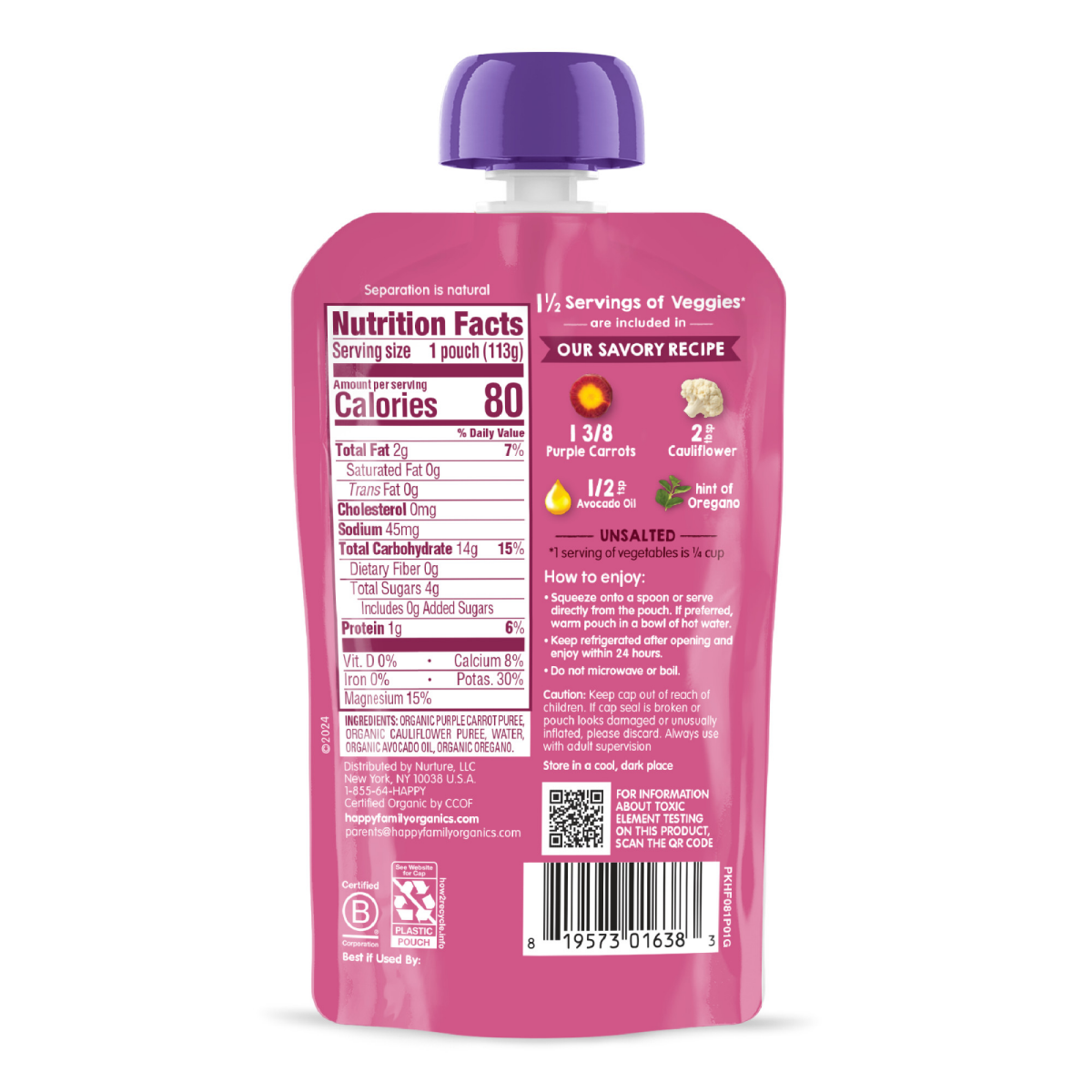 slide 5 of 25, Happy Baby Organics Stage 2 Organic Purple Carrots & Cauliflower with Avocado Oil + Oregano 4oz Pouch, 4 oz