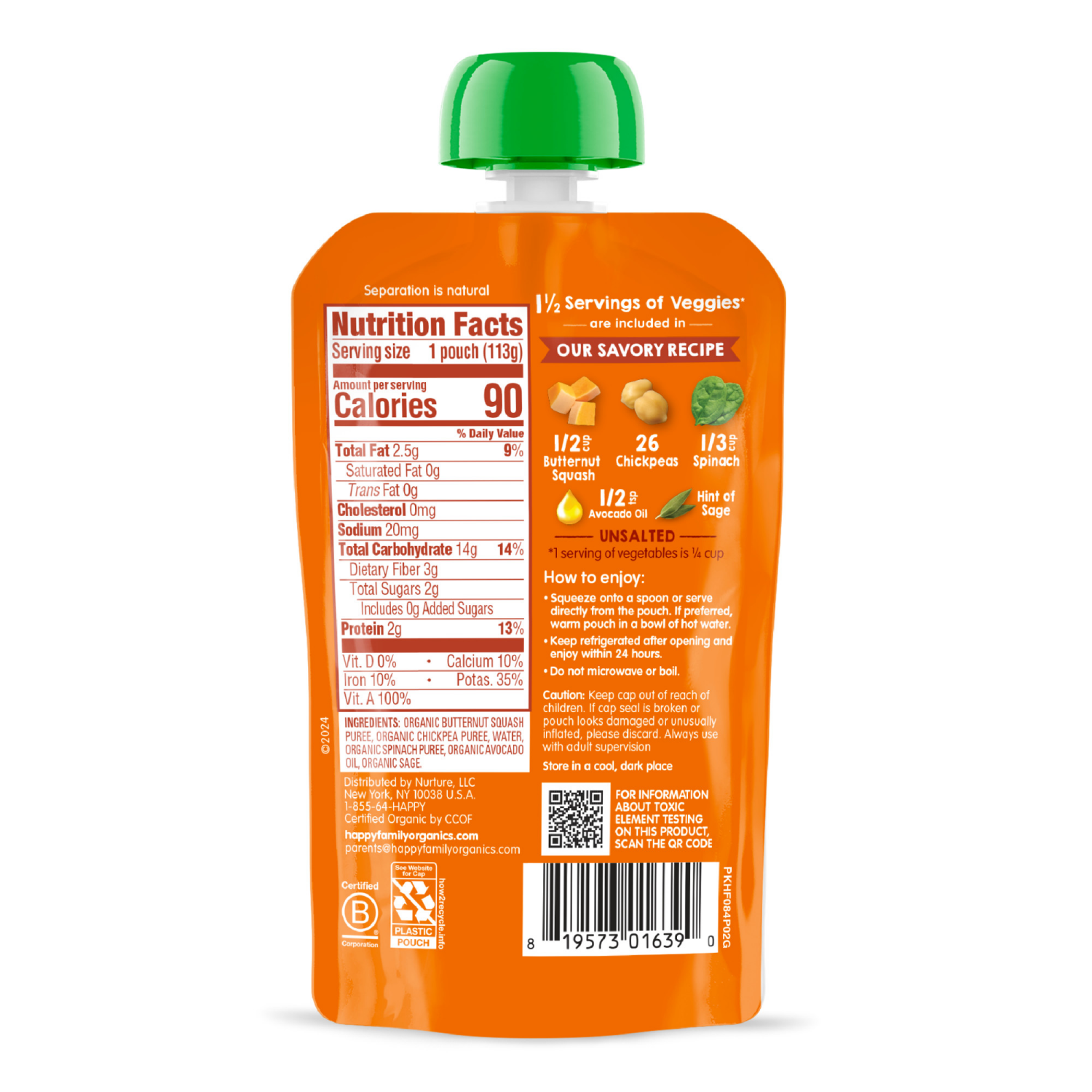 slide 6 of 7, Happy Baby Organics Stage 2 Organic Squash, Chickpeas & Spinach with Avocado Oil + Sage 4oz Pouch, 4 oz