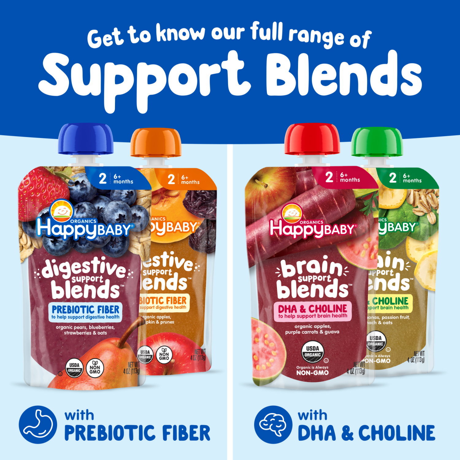 slide 3 of 8, Happy Baby Digestive Support Blends Organic Pears Blueberries Strawberries & Oats Pouch 4 oz, 4 oz