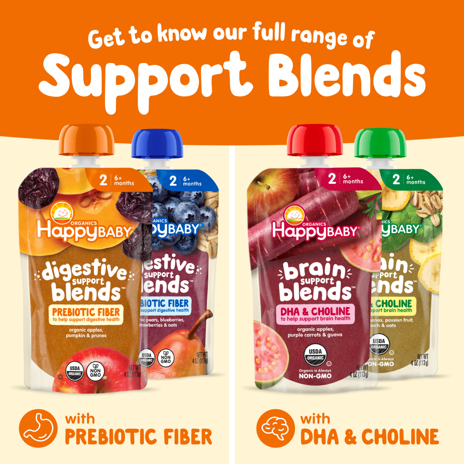 slide 8 of 8, Happy Baby Digestive Support Blends Organic Apples Pumpkin & Prunes Pouch 4 oz, 4 oz