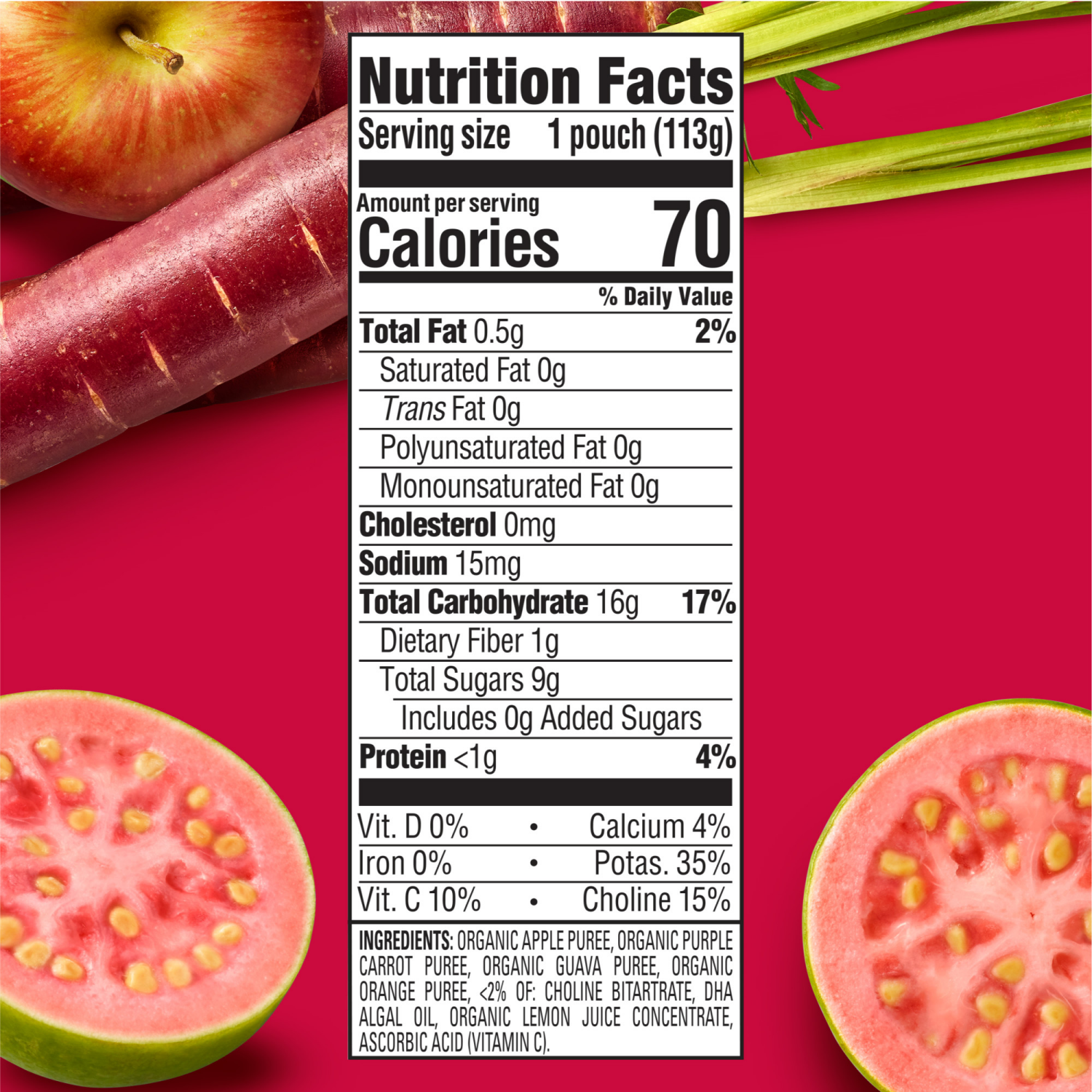 slide 7 of 7, Happy Baby Brain Support Blends, Organic Stage 2 Baby Food with DHA & Choline, Apples, Purple Carrots & Guava, 4 oz. Pouch, 4 oz