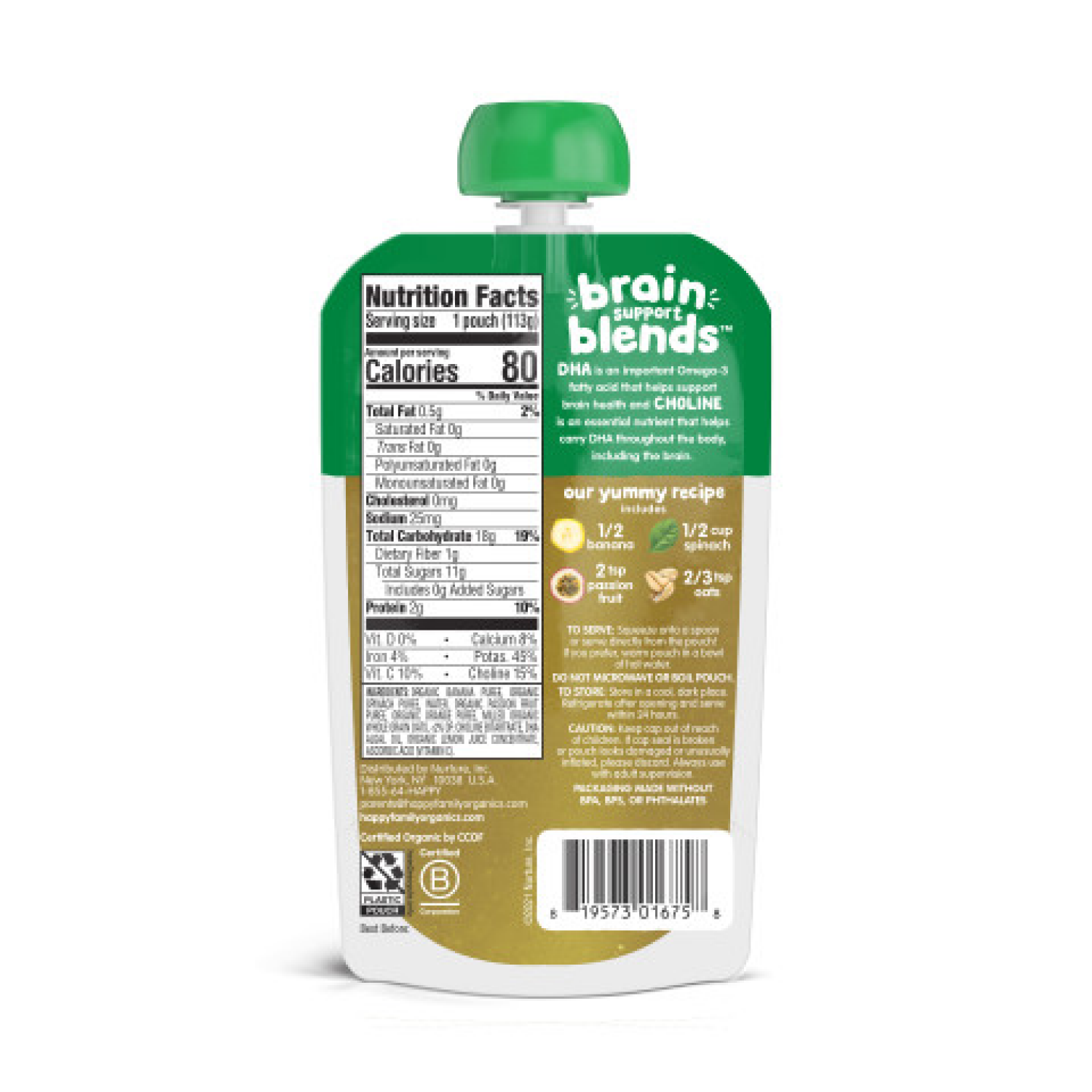 slide 5 of 7, Happy Baby Brain Support Blends, Organic Stage 2 Baby Food with DHA & Choline, Bananas, Spinach, Passion Fruit & Oats, 4 oz. Pouch, 4 oz